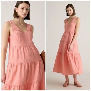 Quince Gauzy Organic Cotton Coral Pink Tiered Dress, XL